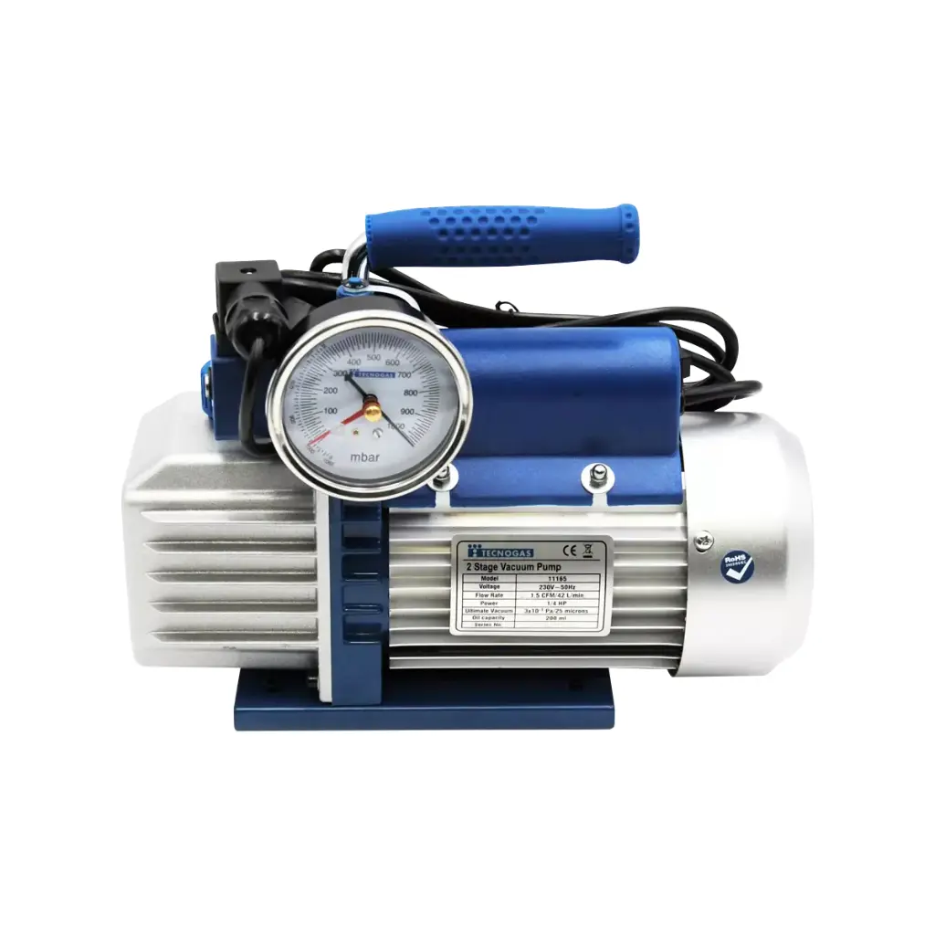 Two-step vacuum pump with solenoid valve and vacuum gauge. Flow 226L/minute.