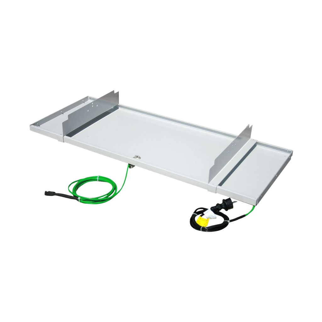 Drain pan 1100x550x35 mm with heating cable for pan (integrated) and drain pipe, metal, RAL 9002.