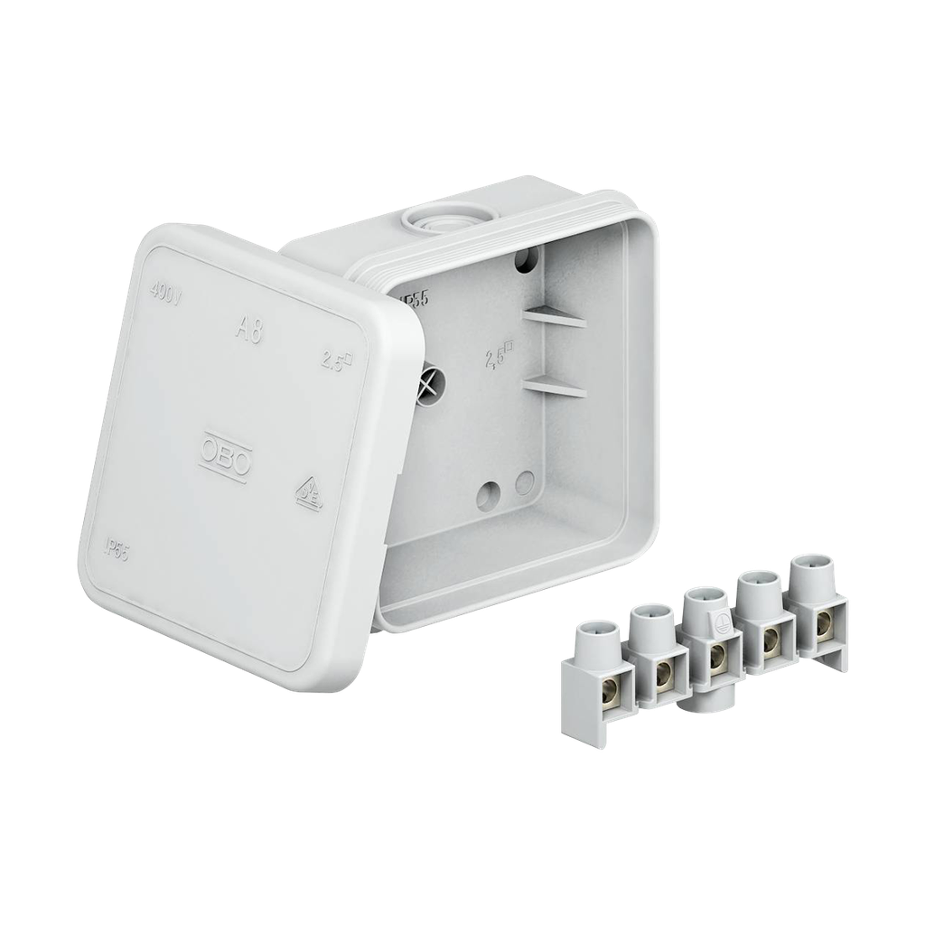 Junction box with terminal strip, IP55. Size: 75 x 75 x 36,2 mm.