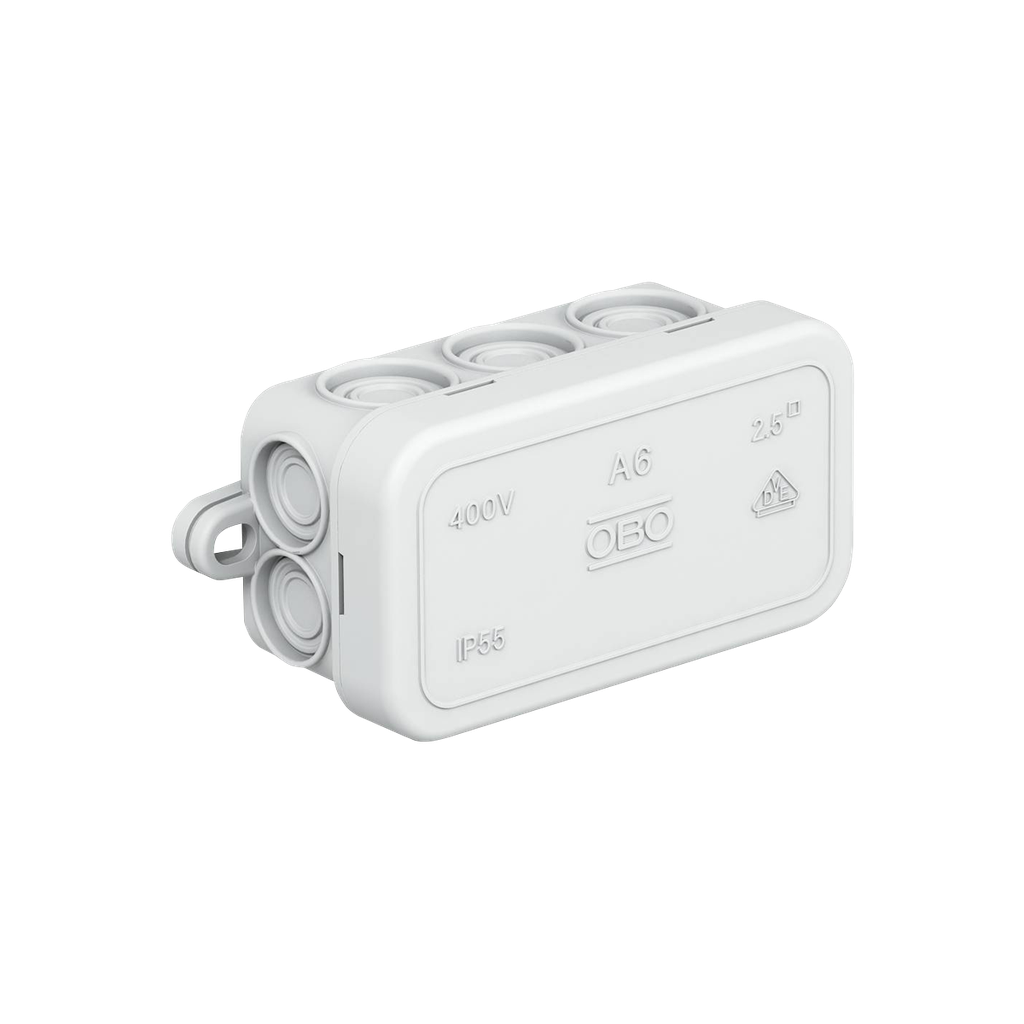 Junction box A6, IP55. Size: 80 x 43 x 36 mm.