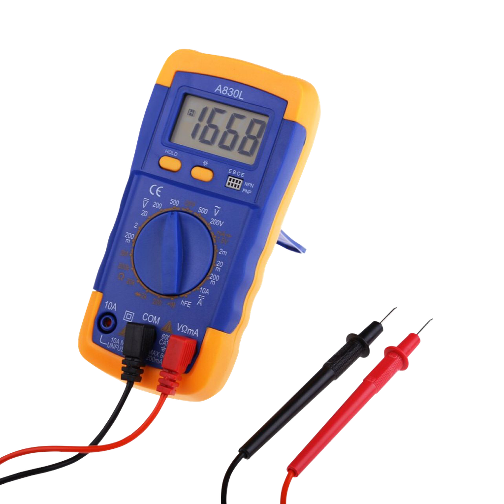 Digital multifunctional multimeter A830L with LCD display and backlight.