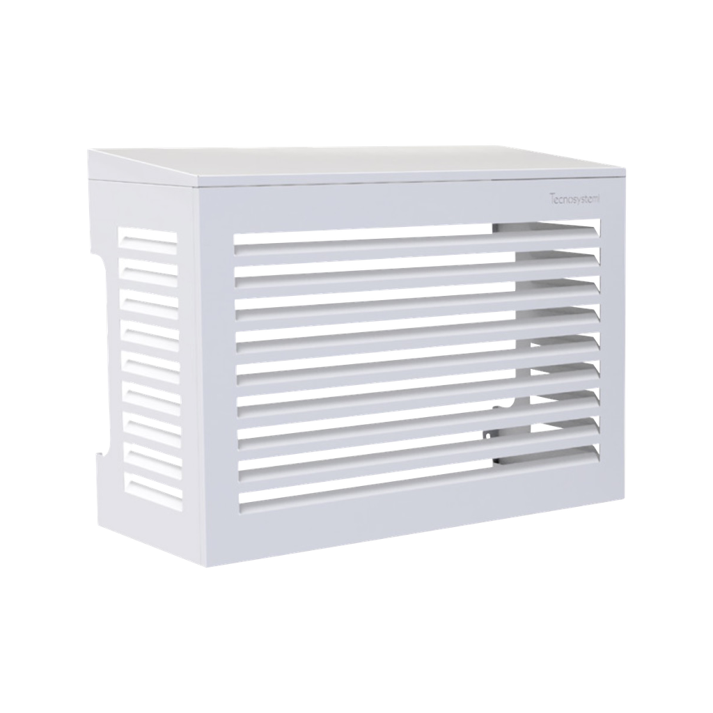 Outdoor unit cover with 5° sloped roof, RAL9002. 1150x1200x650 mm.