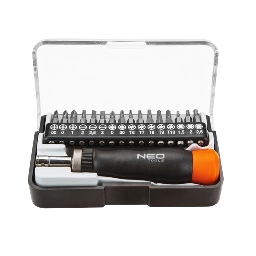 [03-04228] Skruetrækkersæt med håndtag og 16 dobbeltsidede 30 mm bits.